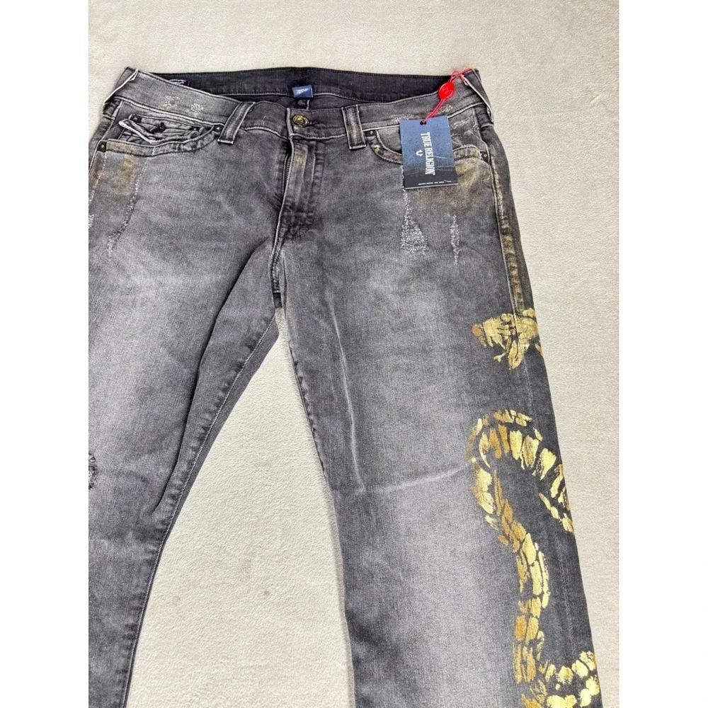 True Religion Ricky W Flap Straight Jeans Black Gold Snake Distressed Mens 38